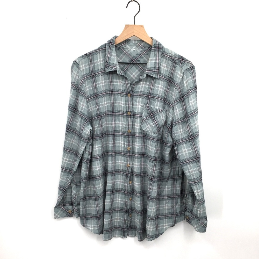 J. Jill Blue white Long Sleeve plaid Button Up Shirt gauze classic new england L